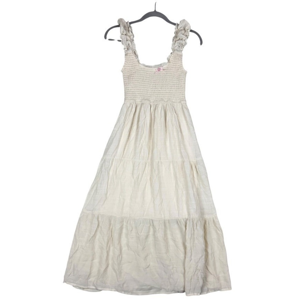 Love Tree Maxi Dress Womens Small‎ Cream Rayon Smocked Tiered Ruffle Strap Lined